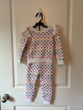 Janie and Jack White Knit Pajama Set with Multicolor Hearts